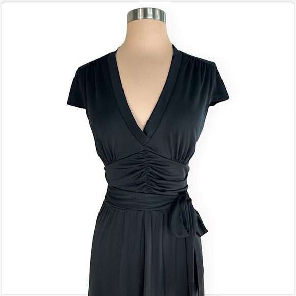 David Meister Black Stretch Jersey Ruched Waist Tie Belt Cap Sleeve Midi Dress 8 - Picture 2 of 4